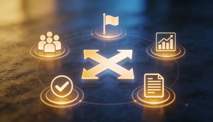 3d cinematic digital illustration of glowing golden navigation arrows surrounded by circular icons for team leadership goals growth analytics and verified documentation
