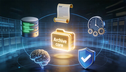 3d cinematic illustration of glowing golden archive core folder icon surrounded by digital brain data server clock gear shield and scroll representing secure artificial intelligence data