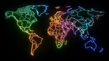 World Map Formed by Glowing Political Borders in Neon Lines Representing Global Power and Division