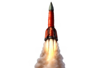 Rocket launching, blasting off with powerful engine flames and smoke, demonstrating innovation and space exploration, transparent background
