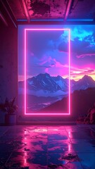Pink neon rectangle frames mountain view. Wet floor reflects vivid purple, blue and pink sky