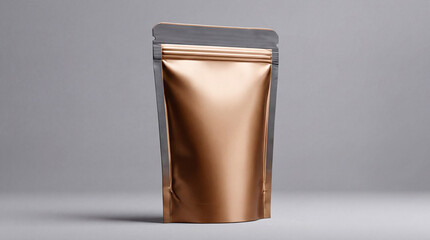 A stand-up pouch of bronze color for product packaging is isolated on the grey background