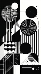 Abstract Geometric shapes in black, white, grey. Circles, spirals, stripes, & triangles intersect. Minimal