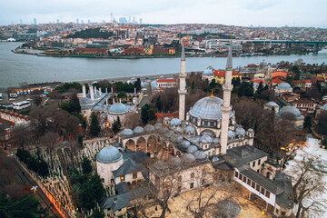 Eyup Sultan Mosque. Aerial view of the mosque taken with a drone; a magnificent view of Istanbul...