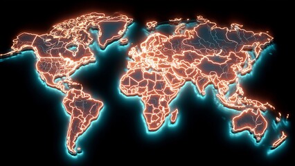 World Map Formed by Glowing Political Borders in Neon Lines Representing Global Power and Division