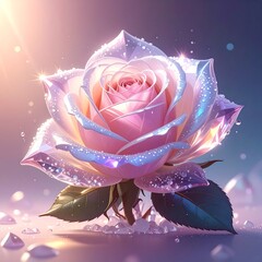 Shimmering rose with facets, soft pink petals, and dew-like sparkles in a bright, dreamy scene