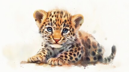 adorable watercolor leopard cub playing, pastel color, white background