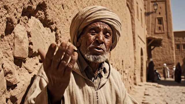 Elderly man in turban and traditional garment gesturing near textured earthcolored wall Distant figures walk amidst rustic buildings under bright sky