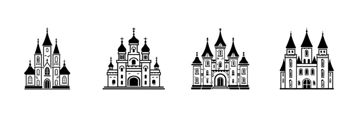 Obraz premium Castle And Cathedral Icons In Hand Drawn Style Set. Architectural Landmarks, Historical Buildings, Cultural Heritage Sketch Collection. Medieval And Religious Structures. Isolated Vector Illustration