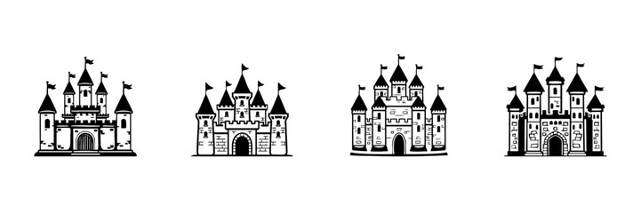 Obraz premium Castle Silhouettes In Hand Drawn Style Set. Medieval Architecture, Fantasy Fortresses, Fairytale Castles Doodle Sketch Collection. Historic Landmark Icons. Isolated Vector Illustration