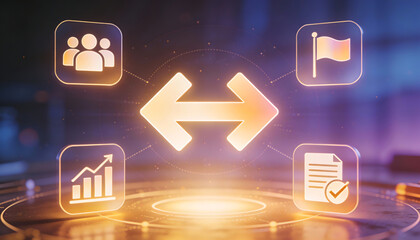 3d cinematic illustration of glowing golden navigation arrows with circular icons for team leadership business goals growth analytics and verified documentation on a dark floor