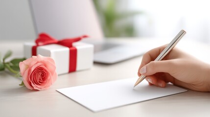 Woman is writing a letter on a piece of paper with a rose next to her. Valentines day.