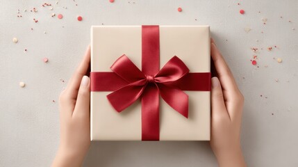 Person is holding a white box with a red bow on it. Valentines day.