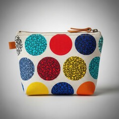Colorful polka dot cosmetic bag with bold round pattern isolated on white