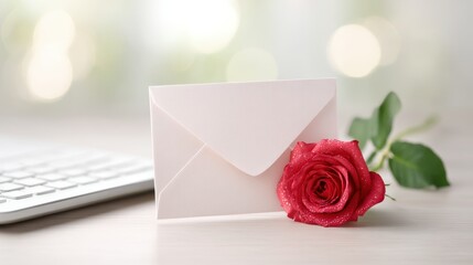 White envelope with a red rose on top of it. Valentines day.
