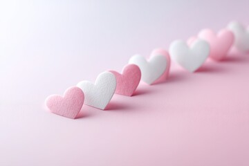 Row of hearts with one being white and the others pink. Valentines day.