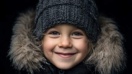 A young child wearing a gray knit hat and a black winter coat with a fur-lined hood smiles warmly against a dark background