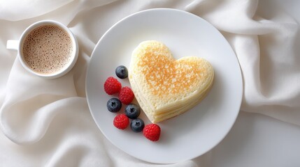 Plate of pancakes with blueberries and raspberries on top. Valentines day.