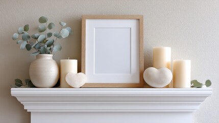 White mantle with a white frame and a white vase with a green plant in it