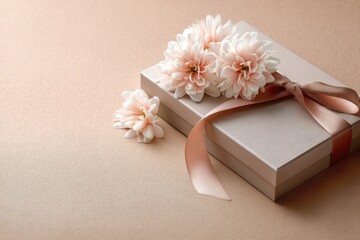 Box with a ribbon and flowers on top of it. Valentines day.