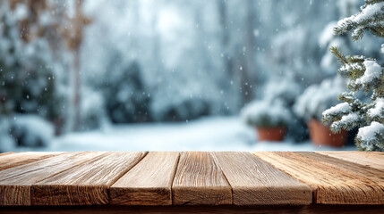 A wooden table top with a snowy winter landscape in the background featuring potted plants and trees covered in snow