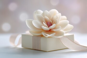 White box with a flower on top of it. Valentines day.