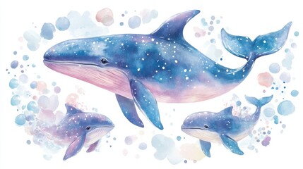 adorable watercolor whale mommy and baby swimming together, white background