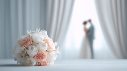 Bride and groom are standing in front of a curtain with a bouquet of flowers i