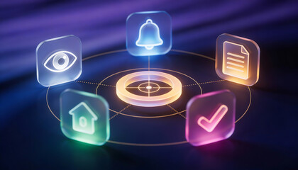 3d cinematic illustration of glowing circular interface with glass icons for target goal notifications computer vision home automation and verified data processing on dark background