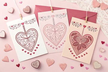 Decorative heart cards on pink background