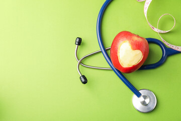 Ripe apple with carved heart, measuring tape and stethoscope on green background, flat lay. Space for text