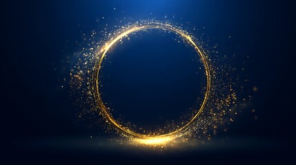 Glowing gold ring with shimmering particles on a dark blue gradient background