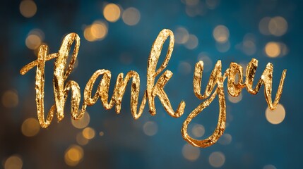 Elegant, gold-textured script saying "Thank you" against a blurred blue and bokeh-lit background