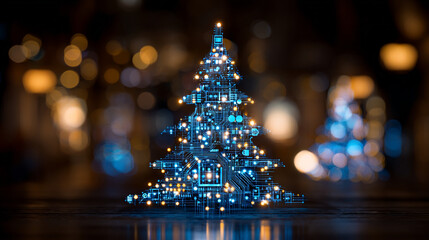 A small blue and yellow Christmas tree made of circuit boards stands on a table with a blurred background of lights
