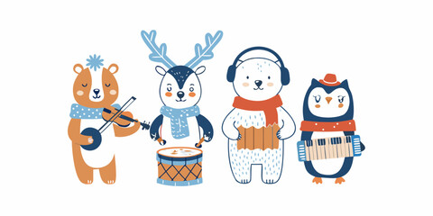 Fototapeta premium A charming illustration of animal musicians playing various instruments together
