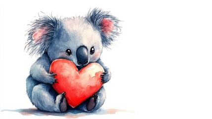 cute watercolor cartoon baby koala hugging a heart pillow, white background