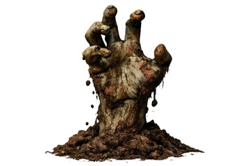 Zombie hand emerging from grave, decomposing undead rising from ground, scary horror concept with transparent background