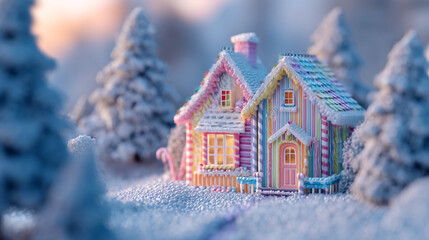 A miniature colorful house with snow on the roof and trees in the background during a serene winter scene
