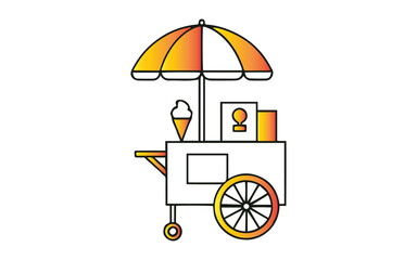 Ice Cream. Cart. Street Food. An isolated PNG outline icon of an ice cream cart with an orange gradient umbrella on a transparent background for summer menus or vendor logos. © PNG KING