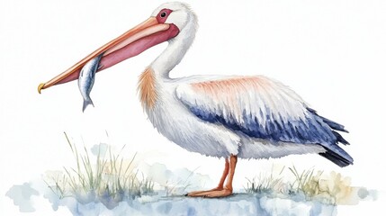 cute watercolor pelican with a fish in beak, pastel colors, white background