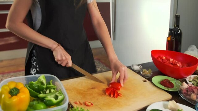 A woman in a black apron prepares a fresh salad in a modern kitchen sl