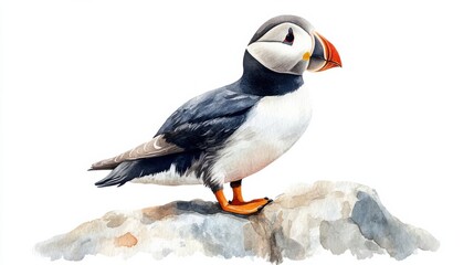 cute watercolor puffin bird standing on a rock, white background