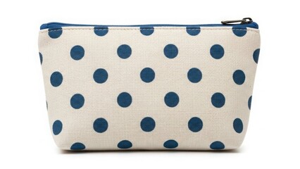 Light blue polka dot cosmetic bag with soft fabric and zipper isolated