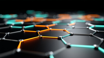 Abstract hexagonal grid network with orange and teal glowing nodes, technology background, with copy space