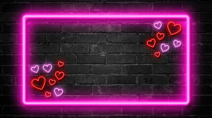 A pink neon rectangle surrounds flowers on a dark textured surface with horizontal lines and faint text in the center area