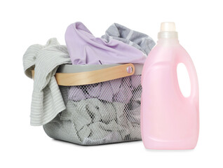 Laundry basket with clothes and bottle of detergent isolated on white