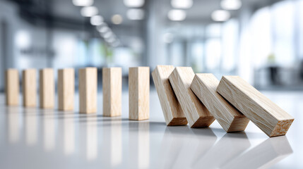timeline blocks as falling dominoes in office space, symbolic of mismanaged planning