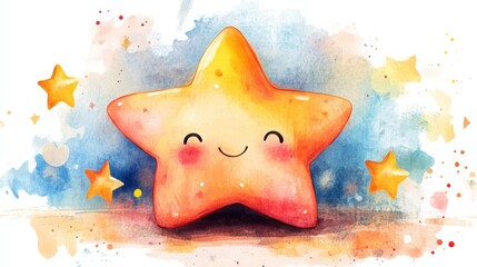cute watercolor star character smiling, pastel color, white background