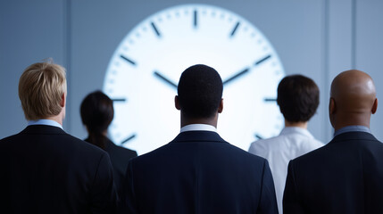 silhouetted team staring at giant projected deadline rapidly approaching on wall