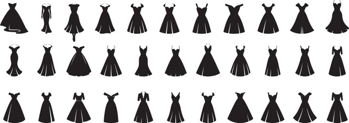 Collection of women dress Silhouette,  different fashion style, Fashionable women's dress, Clothing fashion concept,  Different shapes of dress vector illustration.